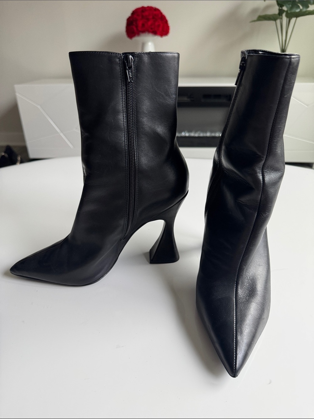 Black Pointed Toe Mid-Calf Heel Boots